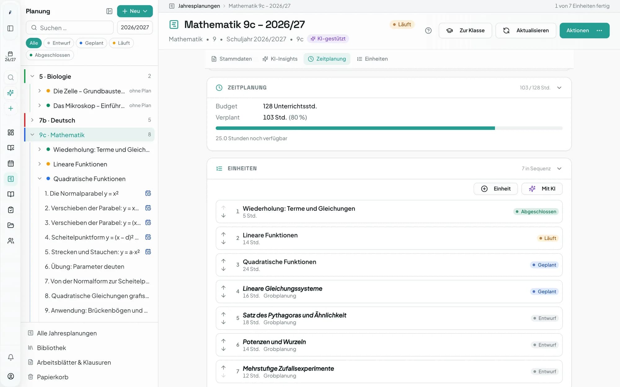 Jahresplanung Mathematik 9c mit Schwerpunkten, Zeitplanung und Einheiten